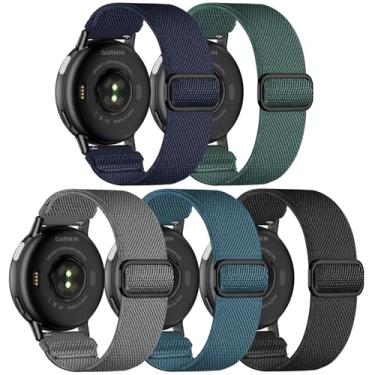 Imagem de Kollody Pacote com 5 pulseiras de relógio de nylon elástico compatíveis com Garmin Vivoactive 5/6/Forerunner 55/165, pulseiras esportivas ajustáveis de tecido elástico macio de 20 mm para Garmin Venu