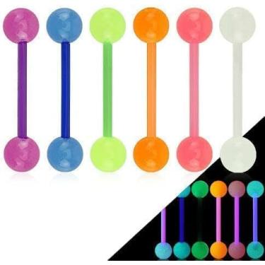 Imagem de 6 peças que brilham no escuro bioflex halteres língua mamilo retentores para piercings 14G 5/20.3 cm sem metal, Small, Acrílico, Sem Pedra Preciosa