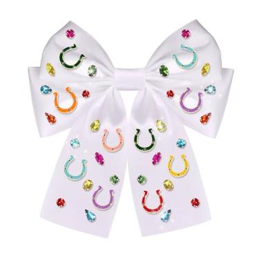 Imagem de YAHPERN Kentucky Derby Laços de cabelo ferradura presilhas de laço de cabelo para mulheres laço de fita de cetim branco grande cristal laço Kentucky Derby roupas acessórios presentes (padrão C)