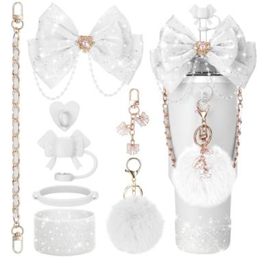 Imagem de Mity rain Acessórios Bling Cup para Stanley Cup 850.5 g 1,134.0 g 567.0 g Tumbler com alça, incluindo capa de topo de palha de laço, decoração de arco de palha, alça de couro para garrafa de água,