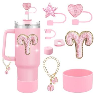 Imagem de RQYDYZMJ Conjunto de acessórios de copo de 8 peças, com uma corrente e pingente de constelação, adesivo de constelação e tampa de palha para copos Stanley de 850 g ou 1,134 g (Rosa-Áries)