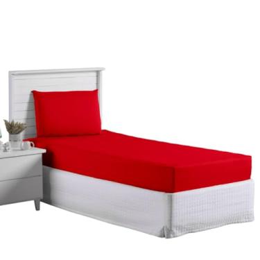 Imagem de Jogo Lençol Roupa Cama Fronha Elastico Solteiro 2 Pçs Simples Liso Quarto Infantil Criança Vermelho
