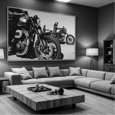 Imagem de Quadro Decorativo com Moldura Sala 90x60 Motos Harley Preto e Branco Luxo Grande Horizontal