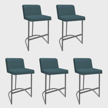 Imagem de Kit 05 Banquetas Com Encosto Noah Luxo Confort Bistrô Cozinha Ferro Cinza Suede Azul Turquesa - Ahz Móveis