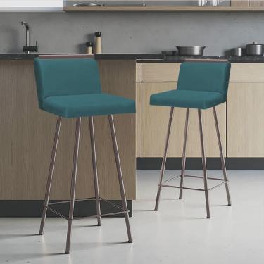 Imagem de Kit 02 Banquetas Com Encosto Menne Eiffel Bistrô Cozinha Aplique Ferro Marrom Suede Azul Turquesa - Ahz Móveis