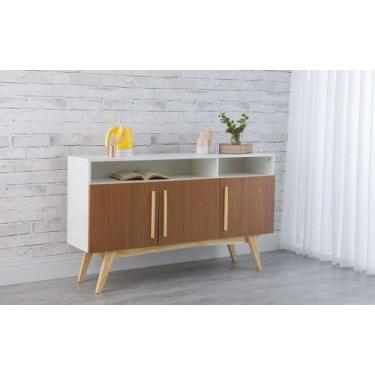 Imagem de Balcão Buffet Para Sala De Jantar Mdf Branco Pés Taeda 3 Portas Freijó