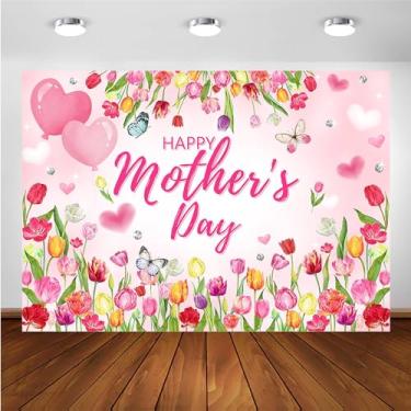 Imagem de Avezano Feliz Dia das Mães Pano de Fundo Rosa Tulipa Coração Dia das Mães Fotografia Fundo para Mulheres Floral Borboleta Bolinhas Mãe Festival Decoração Banner (2,4 x 1,8 m)
