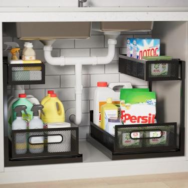 Imagem de Ufriandz Pacote com 2 organizadores sob a pia do banheiro e organizador de armário de metal de 2 camadas com gavetas deslizantes que economizam espaço embaixo da pia prateleiras deslizantes para