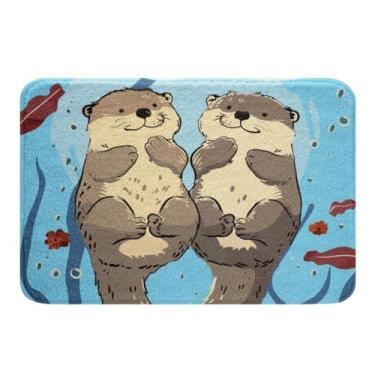 Imagem de Erosebridal Tapetes de banheiro de lontras de desenho animado para meninos, meninas, crianças, capachos fofos de lontras marinhas, tapete de banho kawaii, tapete de entrada felpudo de pelúcia azul e