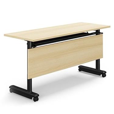 Imagem de LILINWAN Mesa de escritório dobrável para computador, mesa de treinamento móvel dobrável com roda travada, prateleira de metal, (madeira 140 x 60 x 75 cm) (madeira 160 x 50 x 75 cm) (madeira 140 x 40