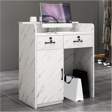 Imagem de CUTPOIY Mesa de recepção moderna com gaveta com trava e armário de porta balcão frontal para caixa grande mesa de balcão para salão, recepção, escritório (60 x 43 x 95 cm)