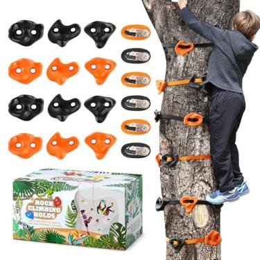Imagem de TOPNEW 12 Ninja Tree Climbing Holds for Kids Climber, Orange & Black Tree Climbing Kit with 6 Ratchet Straps for Outdoor Ninja Warrior Obstacle Course Training