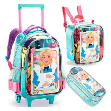 Imagem de Mochila Rodinha Infantil Alice Baralho Lancheira Estojo Cor Verde Água