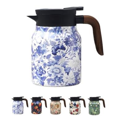Imagem de Garrafa térmica de chá com padrão floral vintage, 1 litro - Chaleira para garrafa térmica de aço inoxidável quente e frio, bule de chá vintage com infusor, adequado para uso em festa/família