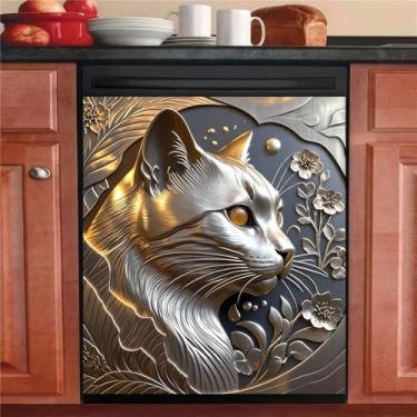 Imagem de BlissYard Capa de metal para lava-louças de gato ímã decoração de cozinha 68 x 66 cm capa de ímã de máquina de lavar louça para porta frontal adesivo decalque para decoração de casa de fazenda porta