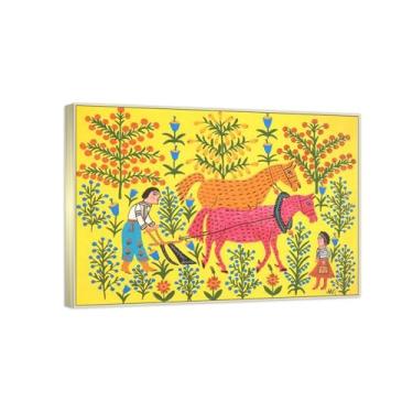 Imagem de RYLJCZ Impressão de arte famosa por Maria Primachenko. Reprodução de pintura famosa. Imagens em tela emolduradas para decoração de sala de estar (arados o campo) 60 x 84 cm (60.2x83.8 cm