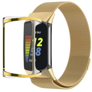 Imagem de QIEMUTER Pulseiras com capa compatível com Fitbit Charge 6/5, pulseira trançada ajustável de metal com fecho magnético, capa protetora de TPU (poliuretano termoplástico) de aço inoxidável para homens