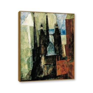 Imagem de NHLDZYH Moldura externa de teca Impressões Lyonel Feininger, (sem título 14), reproduções de pinturas famosas, imagem de arte abstrata para sala de estar quarto decoração de casa. 70 x 90 cm - 27,6 x