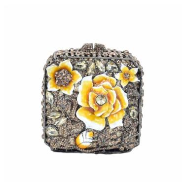 Imagem de DEBIMY Elegante bolsa feminina de cristal de óleo floral flor diamante festa de casamento bolsa quadrada bolsa de mão com strass para formatura, Cinza dourado