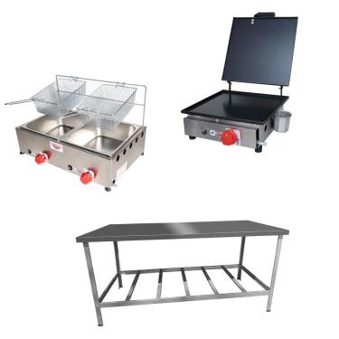 Imagem de Kit Lanchonete Mesa De Manipulação 190x70cm + Fritadeira A Gás 2 Cuba + Chapa A Gás 30cm Alcamar