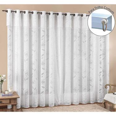 Imagem de Cortina Luna 3 Metros Para Trilho Comum Branca Renda Floral Sala Ou Quarto