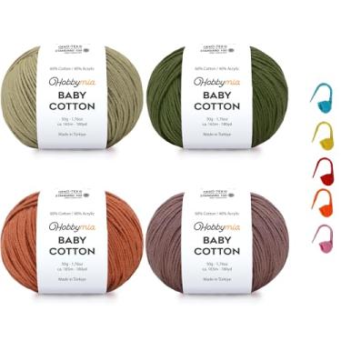 Imagem de HobbyMia Pacotes de fios de algodão para bebês para crochê - cada bola tem 50 g / 180 m - (2) fio fino, peso esportivo - fio Amigurumi, linha de crochê - e 5 fabricantes de pontos (natureza - 1)