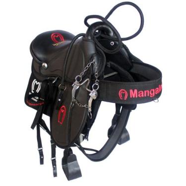 Imagem de sela preta de aba australiana completa + baixeiro mangalarga + acessór