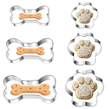 Imagem de Conjunto de 6 peças de cortadores de biscoito com pegadas de osso e cachorro, 3 tamanhos, de aço inoxidável, cortadores de biscoito de osso de cachorro, cortadores de petiscos, cortadores de biscoitos