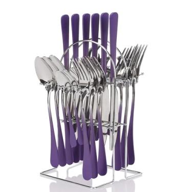 Imagem de FTNESGYM Conjunto De Talheres, 24 Peças, Com Suporte Para Pendurar, Talheres Aço Inoxidável, Incluindo Facas, Garfos E Colheres, Cor Gradiente Cozinha Doméstica Restaurante (Roxo)
