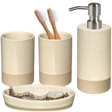Imagem de CAAS Conjunto De 4 Acessórios Para Banheiro Caas, Dispensador Sabonete Bege Banheiro, Porta-Escovas Dente, Copo E Prato, Itens Essenciais Apartamento Novo, Decoração Moderna (Rústica)