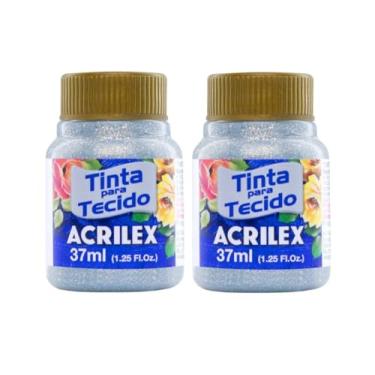Imagem de Kit Com 2 Tintas para Tecido com Glitter Acrilex 37ml – Brilho Intenso, Alta Cobertura e Fixação a Frio para Suas Criações acabamento cintilante, alta cobertura e durabilidade superior, sendo ideais para customização de roupas, acessórios, peças decorativas e projetos artísticos em geral. (Prata 202