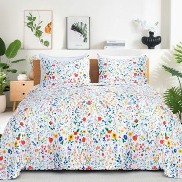 Imagem de ROMROL Conjunto de colcha king size, floral, conjunto de 3 peças, colcha acolchoada, leve, estilo patchwork, macio, reversível e acolchoado, com 2 fronhas para todas as estações (228 x 269 cm)