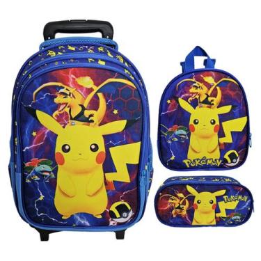 Imagem de Kit Mochila Escolar Pokemon, Pikachu Com Rodinhas, Lancheira e Estojo 