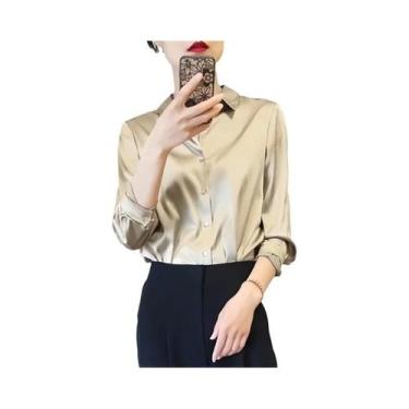 Imagem de Blusas Femininas Elegantes com Manga Longa, Acabamento em Cetim e Botõ