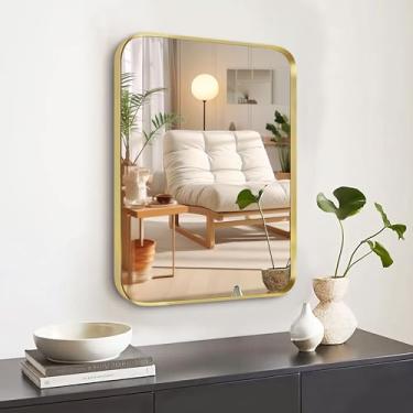 Imagem de Umzodo Espelho de banheiro dourado escovado de 40,6 x 50,8 cm para parede, espelho retangular arredondado com moldura de metal para entrada de banheiro, sala de estar, quarto, vertical ou horizontal