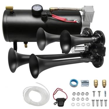 Imagem de Kit de buzina de trem para caminhões e carros – 4 trompetes 180DB buzina de ar super alta com compressor de 12 V de 150 PSI 0,8 galão, ajuste universal para todos os veículos de 12 V, Jeep, SUV