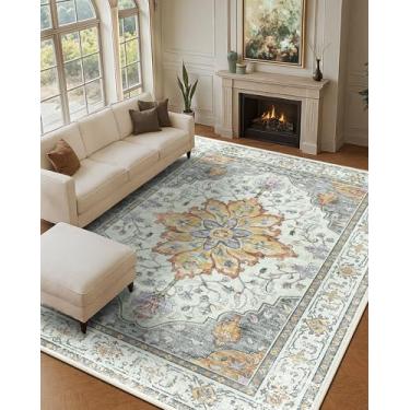 Imagem de RELEANY Tapetes de área 2,5 x 30,5 m lavável, antiderrapante, estampa floral, vintage, tapete medalhão para sala de estar, quarto, sala de jantar, amarelo claro cinza carbono laranja