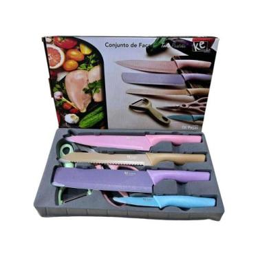 Imagem de Conjunto Kit Jogo De Facas Tesoura Cozinha Churrasco Chef 6 Peças Aço 