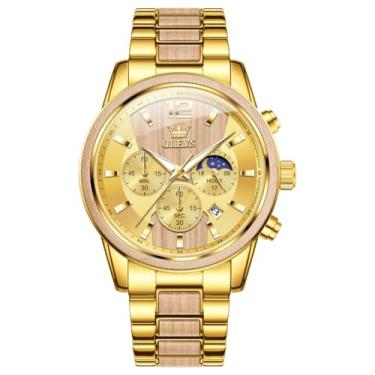 Imagem de OLEVS Relógio masculino analógico quartzo madeira Wirst relógios de luxo cronógrafo aço inoxidável à prova d'água relógios luminosos presente masculino, Ouro 3645