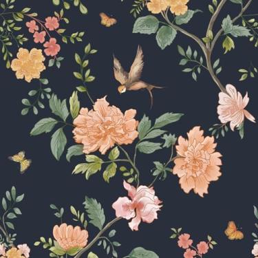 Imagem de Papel de parede Frouyla azul escuro floral pássaros descascar e colar 43 cm x 300 cm