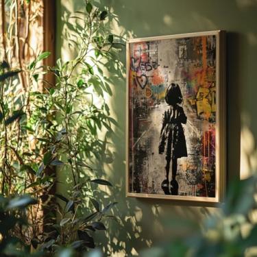 Imagem de Quadro Decorativo Menina Grafite Com Moldura Arte Urbana Criança Colorida Reflexiva Moderna Estilo Banksy Parede Criativa