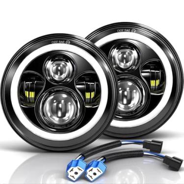Imagem de Faróis de LED de 18 cm redondos Halo Angel Eyes DRL Luzes de seta âmbar H6024 Faróis de LED selados alto/baixo Projetor compatível com Jeep Wrangler JK LJ CJ TJ com adaptador H4 H13, 2 peças, preto