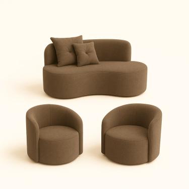 Imagem de Conjunto Decorativo 02 Poltronas + Sofá Curvo Orgânico Nature Gaia Suede Cappuccino - Montanaris Decor