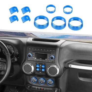 Imagem de Jimen Adequado para Jeep Wrangler JK JKU 2012-2018, 9 peças de console central, controle de ar condicionado, acabamento e botão de volume de rádio e tampa de botão de interruptor de janela (azul)