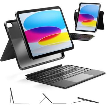 Imagem de HOU Capa para iPad A16 de 11ª/10ª geração com teclado, capa de teclado giratória e destacável para iPad 11/10, suporte de caneta elástico, capa de proteção total, luz de fundo de 7 cores, trackpad