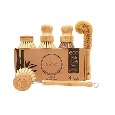 Imagem de ARYA. Wooden Dish Brush Set | 4 Kitchen Washing Up Brushes & One Replacement Head | Bamboo & Natural Fibers | Eco Friendly Wooden Pot Brush Scourer Scrubber Sponge Alternative