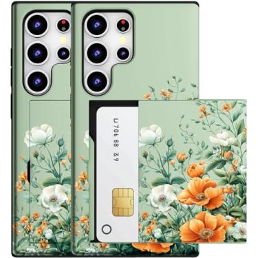 Imagem de MUQR Capa compatível com Samsung Galaxy S23 Ultra com porta-cartão fofo - Design Kawaii, proteção contra quedas de nível militar, capa carteira robusta para mulheres (buquê de flores laranja verde)