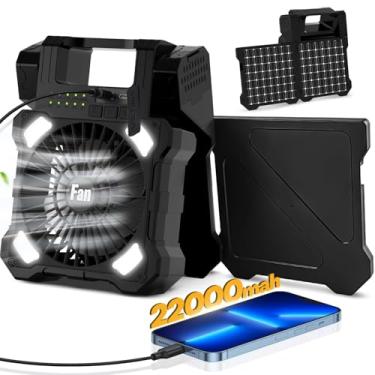 Imagem de Maraiss Ventilador solar de acampamento de 22000 mAh, ventilador alimentado por energia solar de painel duplo recarregável com luz LED, 5 velocidades ajustáveis, ventiladores portáteis alimentados por