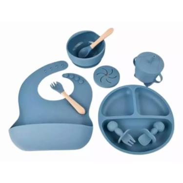Imagem de Kit Introdução Alimentação Bebê 8 Peças em Silicone com Ventosa – Colher, Garfo, Copinho e Pratinho Atóxicos, Sem Pontas, Livre de BPA (Azul) - Qualidade Premium (Azul)