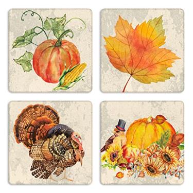 Imagem de Hotop Conjunto de 8 peças de porta-copos de Ação de Graças Outono Absorvente de Madeira Folhas de Novembro Abóbora Peru Quadrado Casa Sala de Jantar Decoração de Mesa Presente para Festa de